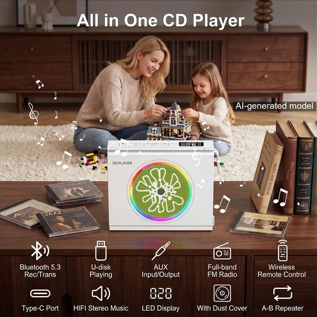 Alt view image 2 of 7 - Portable CD Player Bluetooth 5.3, Hi-Fi Speaker,4000mAh Battery Desktop CD music player for home with Light modes, battery level indicator,4000mAh Rechargeable Battery,room decor,Gift Ideas