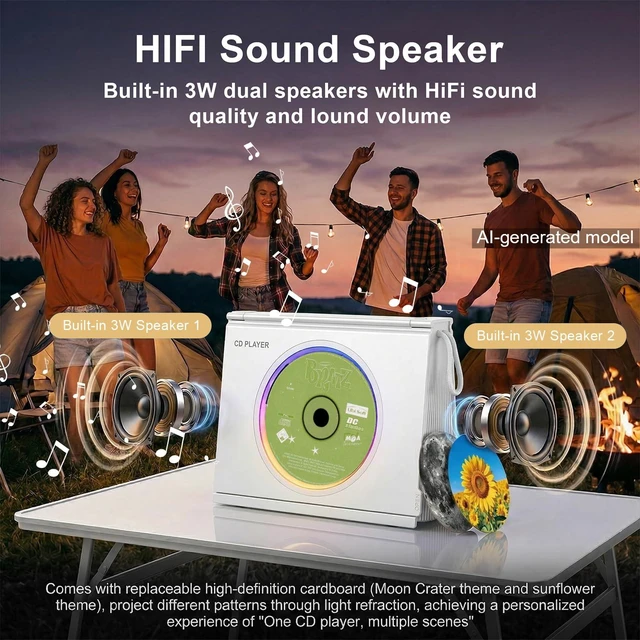 Alt view image 4 of 7 - Portable CD Player Bluetooth 5.3, Hi-Fi Speaker,4000mAh Battery Desktop CD music player for home with Light modes, battery level indicator,4000mAh Rechargeable Battery,room decor,Gift Ideas