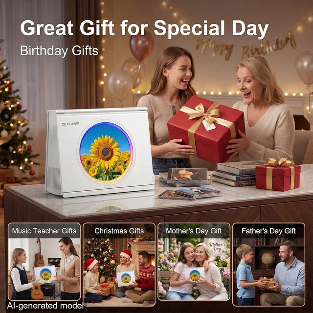 Alt view image 6 of 7 - Portable CD Player Bluetooth 5.3, Hi-Fi Speaker,4000mAh Battery Desktop CD music player for home with Light modes, battery level indicator,4000mAh Rechargeable Battery,room decor,Gift Ideas