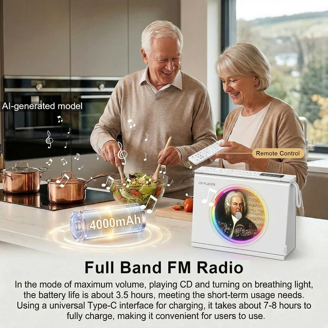 Alt view image 7 of 7 - Portable CD Player Bluetooth 5.3, Hi-Fi Speaker,4000mAh Battery Desktop CD music player for home with Light modes, battery level indicator,4000mAh Rechargeable Battery,room decor,Gift Ideas