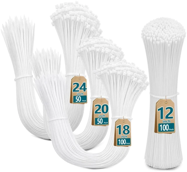 Main image of Zip Ties Heavy Duty Assorted Sizes (12"+18"+20"+24")-300 Pack White Zip Ties with 4-Tooth Lock,UV Resistant Nylon 66 Wire Ties for Outdoor Cable Management, Fence, Tarps, Garden