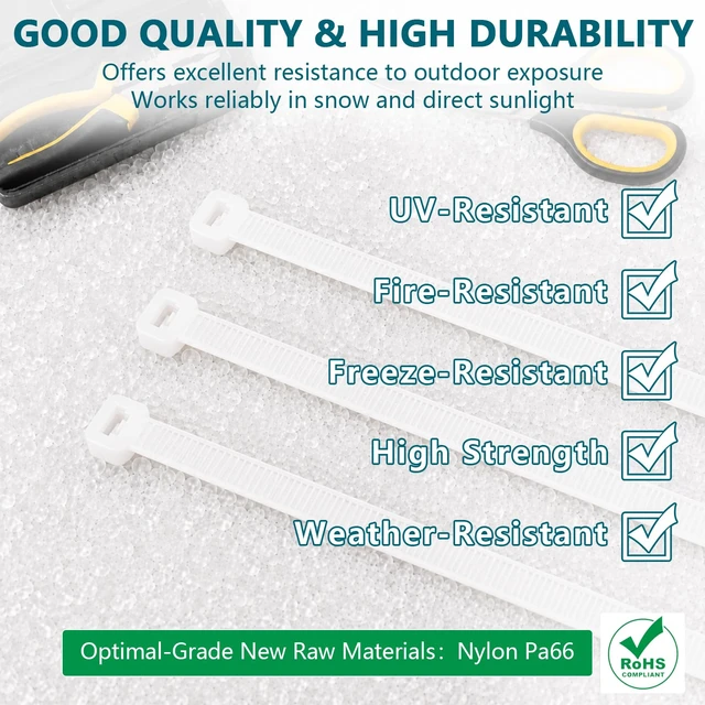 Alt view image 4 of 7 - Zip Ties Heavy Duty Assorted Sizes (12"+18"+20"+24")-300 Pack White Zip Ties with 4-Tooth Lock,UV Resistant Nylon 66 Wire Ties for Outdoor Cable Management, Fence, Tarps, Garden