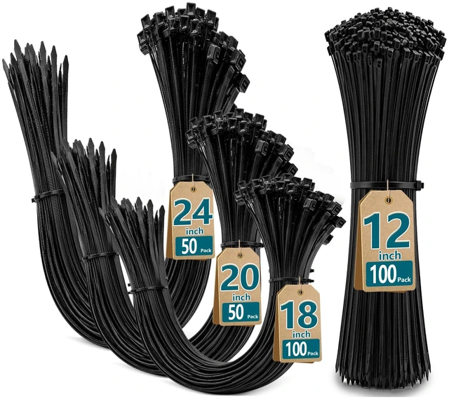 Main image of Zip Ties Heavy Duty Assorted Sizes (12"+18"+20"+24")-300 Pack Black Large Cable ties,UV Resistant Nylon 66 Wire Ties for Outdoor Cable Management, Fence, Tarps, Garden
