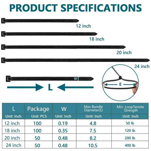Alt view image 2 of 7 - Zip Ties Heavy Duty Assorted Sizes (12"+18"+20"+24")-300 Pack Black Large Cable ties,UV Resistant Nylon 66 Wire Ties for Outdoor Cable Management, Fence, Tarps, Garden