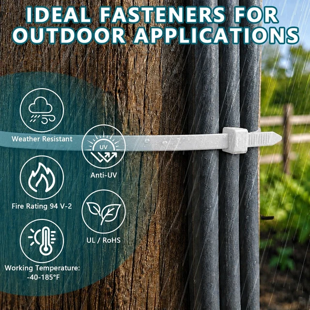 Alt view image 7 of 7 - Zip Ties Heavy Duty Assorted Sizes (12"+18"+20"+24")-300 Pack White Zip Ties with 4-Tooth Lock,UV Resistant Nylon 66 Wire Ties for Outdoor Cable Management, Fence, Tarps, Garden