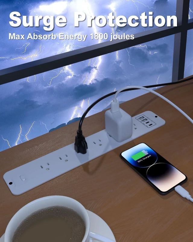Alt view image 4 of 7 - Recessed Power Strip Extension - 10 Outlet Surge Protector with 6 AC - 2 USB-A18W and 2 USB-CPD20W Ports - Flush Mount Desk Outlet with 6 Feet Cord - for Conference Table (White)