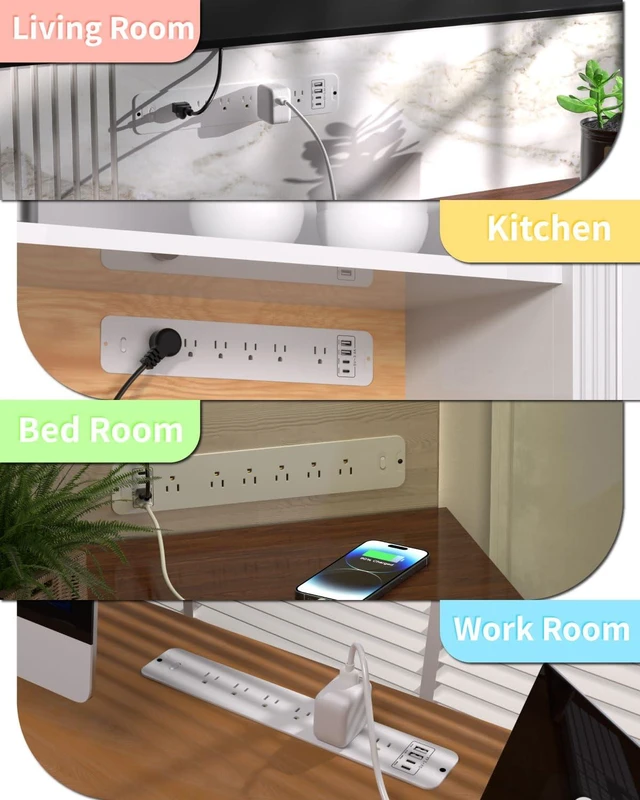 Alt view image 6 of 7 - Recessed Power Strip Extension - 10 Outlet Surge Protector with 6 AC - 2 USB-A18W and 2 USB-CPD20W Ports - Flush Mount Desk Outlet with 6 Feet Cord - for Conference Table (White)