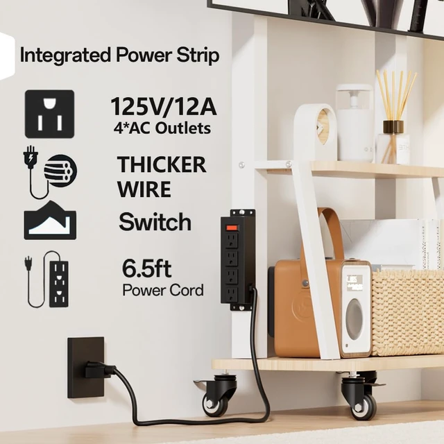 Alt view image 2 of 7 - Mobile TV Stand with Power Outlet, Wood Shelf Portable TV Stand on Wheels for 42 to 55 65 70 83 inch Television, Height Adjustable White TV Cart, Holds up to 130LBS, Vesa 600×400mm
