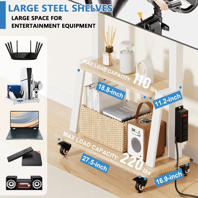 Alt view image 5 of 7 - Mobile TV Stand with Power Outlet, Wood Shelf Portable TV Stand on Wheels for 42 to 55 65 70 83 inch Television, Height Adjustable White TV Cart, Holds up to 130LBS, Vesa 600×400mm