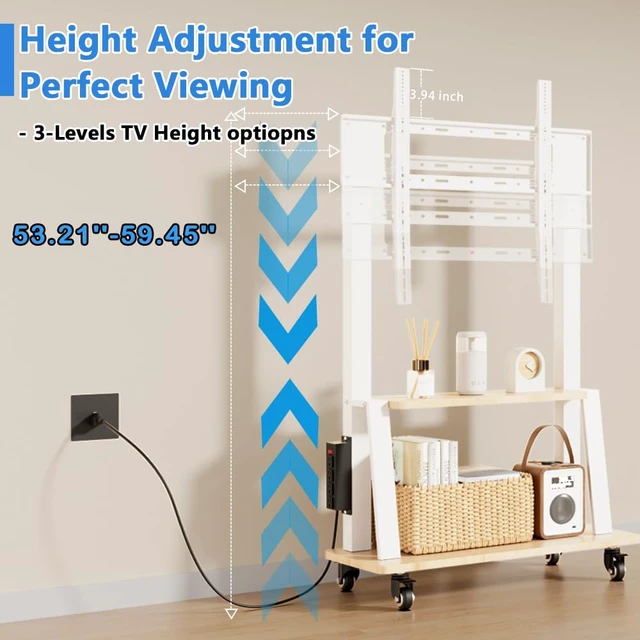 Alt view image 4 of 7 - Mobile TV Stand with Power Outlet, Wood Shelf Portable TV Stand on Wheels for 42 to 55 65 70 83 inch Television, Height Adjustable White TV Cart, Holds up to 130LBS, Vesa 600×400mm