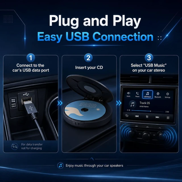 Alt view image 2 of 6 - External CD Player for Car, Portable USB Car CD Player Plug and Play, Universal Compact Vehicle CD Disk Reader Compatible with Cars, SUVs, Trucks, PC