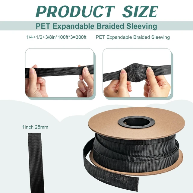 Alt view image 2 of 7 - 100ft 1 Inches Braided Wire Loom Automotive PET Cable Loom Expandable Braided Cable Sleeving Mesh Wire Loom for TV, Computer, Home Theater, Black