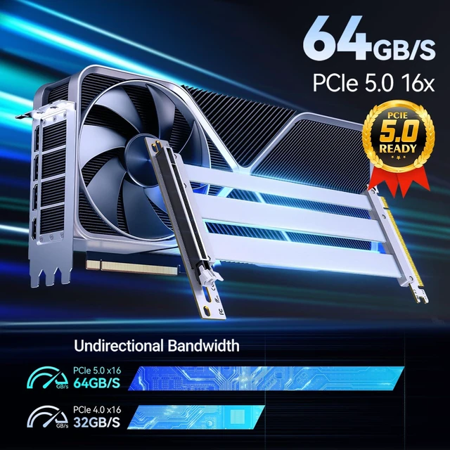 Alt view image 2 of 5 - PCIE 5.0 Riser Cable Vertical GPU Mount x16 128GB/s RTX 5090/5080 180mm Flexible 90°/180° Bend, Gold Plated Pins, 29AWG EMI Shield, Near Zero Signal Loss, 6 Layer PCB, RTX 4090/5070 9070XT