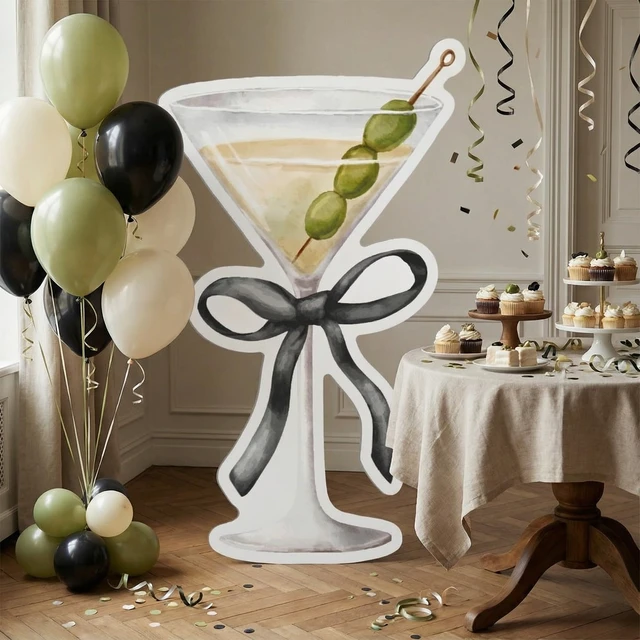 Alt view image 3 of 7 - 4ft a Tini Bit Older Birthday Black Martini Cardboard Cutout Espresso Martini Themed Standee for Women, Bachelorette Bridal Shower Bar Decor, Large Cocktail Glass with Black Bow