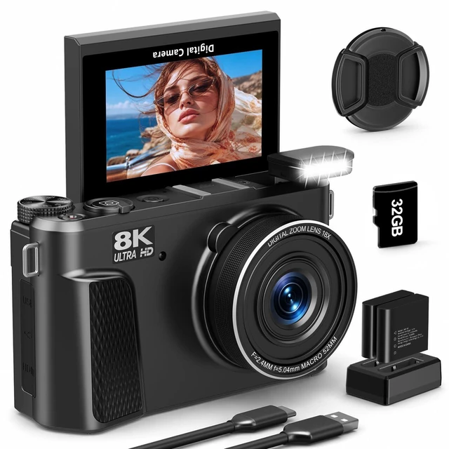 Main image of 8K Digital Camera for Photography, 88MP Vlogging Camera with Flip Screen 18X zoom WiFi video camera, ideal for beginner vlogging/travel, includes 32GB SD card and 2 rechargeable batteries