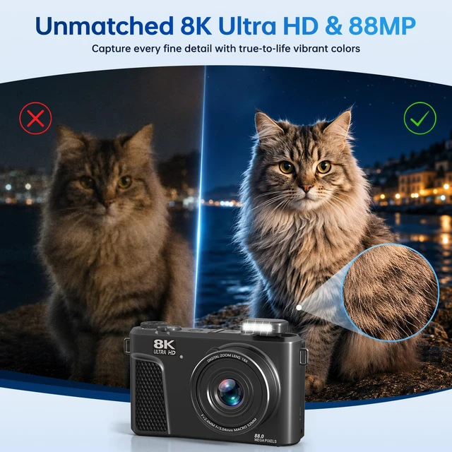 Alt view image 2 of 7 - 8K Digital Camera for Photography, 88MP Vlogging Camera with Flip Screen 18X zoom WiFi video camera, ideal for beginner vlogging/travel, includes 32GB SD card and 2 rechargeable batteries