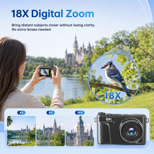 Alt view image 3 of 7 - 8K Digital Camera for Photography, 88MP Vlogging Camera with Flip Screen 18X zoom WiFi video camera, ideal for beginner vlogging/travel, includes 32GB SD card and 2 rechargeable batteries