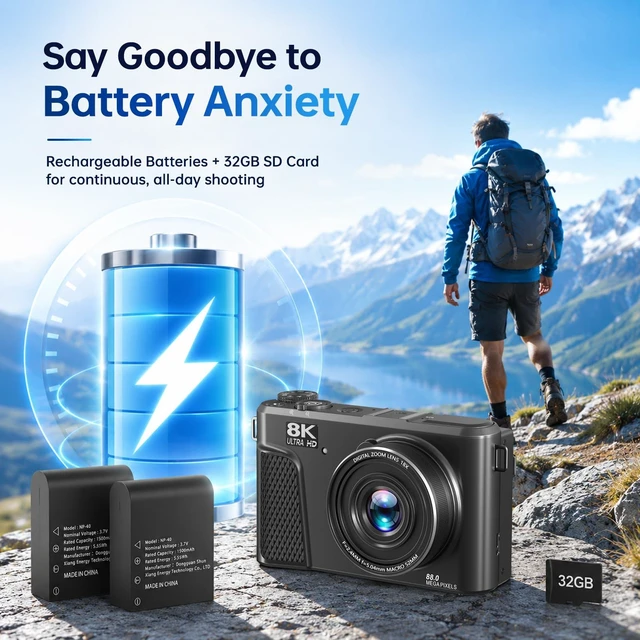 Alt view image 5 of 7 - 8K Digital Camera for Photography, 88MP Vlogging Camera with Flip Screen 18X zoom WiFi video camera, ideal for beginner vlogging/travel, includes 32GB SD card and 2 rechargeable batteries