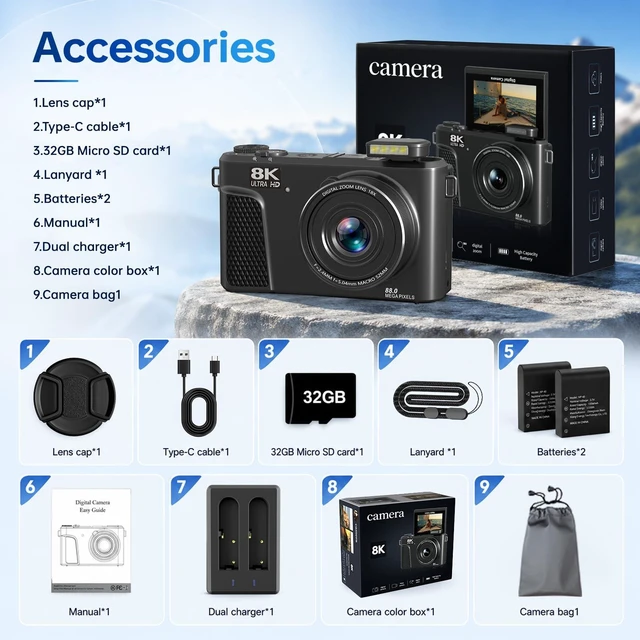 Alt view image 7 of 7 - 8K Digital Camera for Photography, 88MP Vlogging Camera with Flip Screen 18X zoom WiFi video camera, ideal for beginner vlogging/travel, includes 32GB SD card and 2 rechargeable batteries