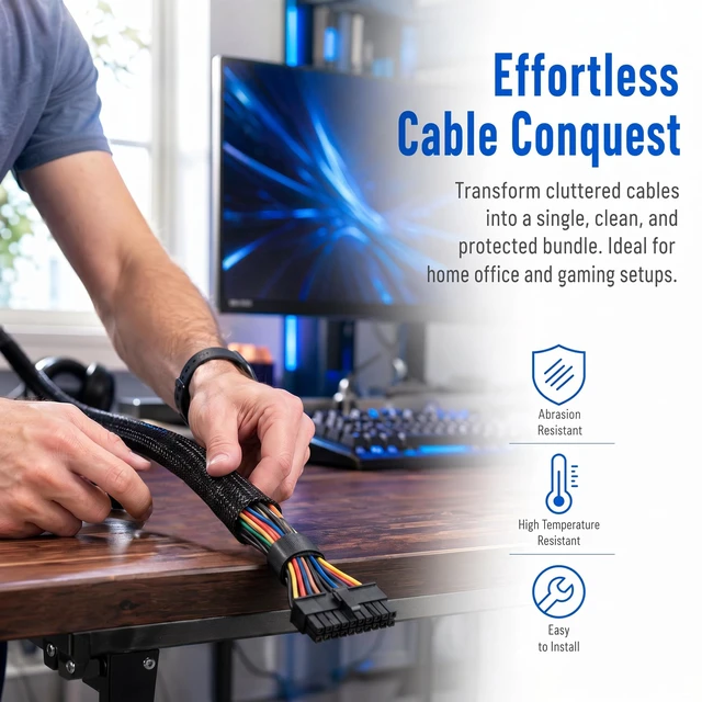 Alt view image 5 of 7 - 32ft 1.4" Expandable Wire Loom Cover, Flexible Cable Sleeve Cord Management Black PET Braided Wire Harness Cover Shield Sleeve Durable Abrasion Resistance Cord Protector for Automotive Robot Machinery