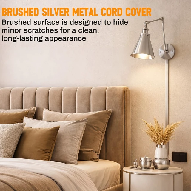 Alt view image 5 of 7 - 2 Pack 30" Long Metal Cord Cover Self-Adhesive Brushed Lamp Cable Raceway Wire Hider for Wall Cable Home Office Kitchen(Silver)