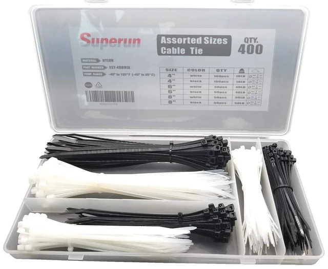 Main image of Black and White Zip Ties Assorted Sizes 4+6+8 Inch 400 Pack Self-locking,Assorted Cable Ties 4 inch 6 inch 8 inch 12 inch each 100 Mix Pack,Heavy dutyFor indoor and outdoorbag Pack