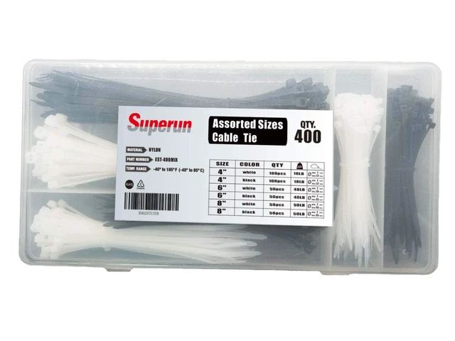 Alt view image 6 of 6 - Black and White Zip Ties Assorted Sizes 4+6+8 Inch 400 Pack Self-locking,Assorted Cable Ties 4 inch 6 inch 8 inch 12 inch each 100 Mix Pack,Heavy dutyFor indoor and outdoorbag Pack