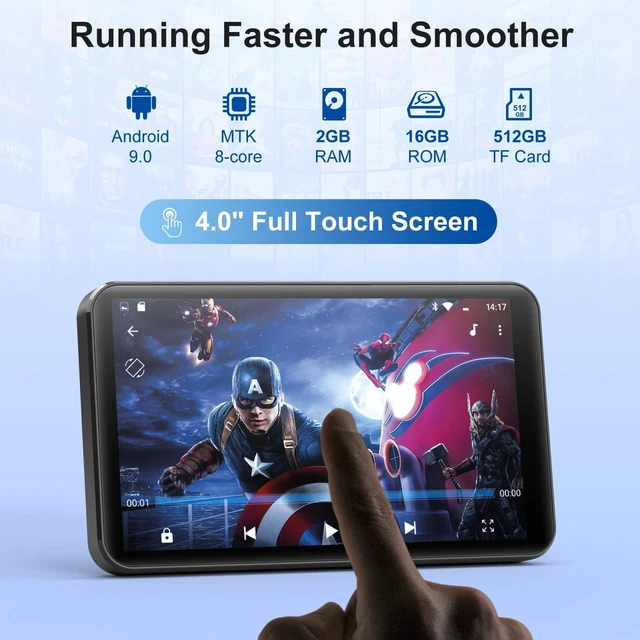 Alt view image 2 of 7 - Android MP3 Player 4" Touchscreen Bluetooth WiFi Gray Android 9 OS, 2GB RAM+16GB ROM, Speaker, Spotify/ Music/Audible, Google Play Store for Apps