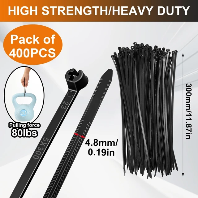 Alt view image 2 of 7 - 11 Inch 400 Pcs Black Zip Tie Cable Tie with Metal Tooth Self Locking Nylon Cable Zip Ties, 80 Lbs Tensile Strength, UV Resistant Wire Wraps Multi Purpose for Industrial Indoor Outdoor Use