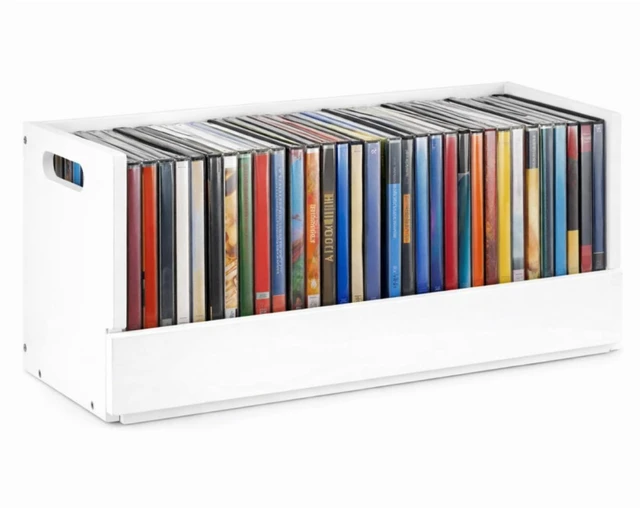 Main image of 1 Pack Wooden DVD Storage Organizer Shelf, Holds 26 DVDs, White Solid Wood Media Organizer with Magnetic Front Flap Carry Handles for DVDs, CDs, Discs, Movie Cases and Cassette Tape