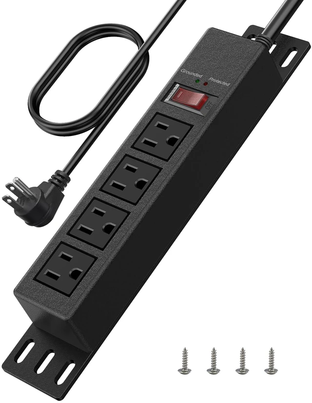 Main image of 1500J Small Surge Protector Power Strip 4 Outlets 3 ft, Black Grounded & Protected Lights, Mountable, RESET Switch, 12A/1500W, 16AWG Flat Plug Extension Cord for Home Office, ETL Listed