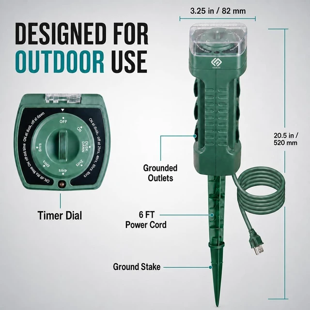 Alt view image 2 of 7 - Outdoor Power Stake with Photocell Timer 2/4/6/8 Hour Countdown, Dusk to Dawn, 6 Grounded Outlets 6FT Cord, UL Listed, Green