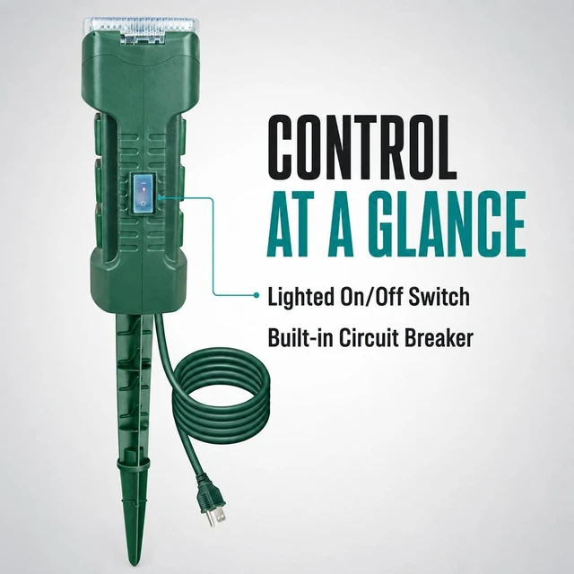 Alt view image 3 of 7 - Outdoor Power Stake with Photocell Timer 2/4/6/8 Hour Countdown, Dusk to Dawn, 6 Grounded Outlets 6FT Cord, UL Listed, Green