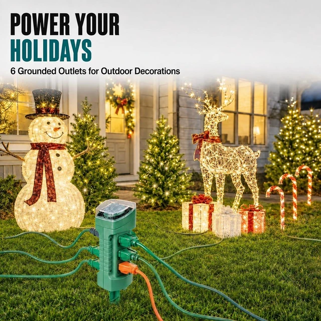 Alt view image 4 of 7 - Outdoor Power Stake with Photocell Timer 2/4/6/8 Hour Countdown, Dusk to Dawn, 6 Grounded Outlets 6FT Cord, UL Listed, Green