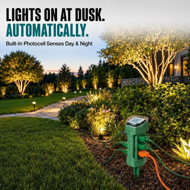 Alt view image 5 of 7 - Outdoor Power Stake with Photocell Timer 2/4/6/8 Hour Countdown, Dusk to Dawn, 6 Grounded Outlets 6FT Cord, UL Listed, Green