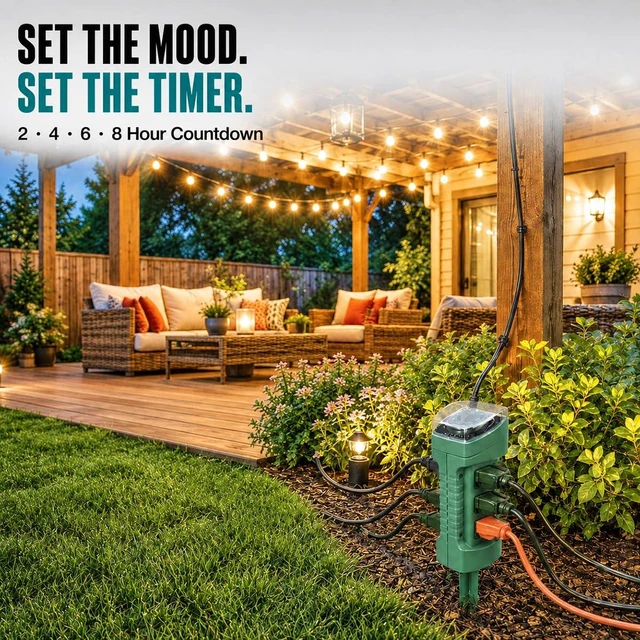 Alt view image 6 of 7 - Outdoor Power Stake with Photocell Timer 2/4/6/8 Hour Countdown, Dusk to Dawn, 6 Grounded Outlets 6FT Cord, UL Listed, Green