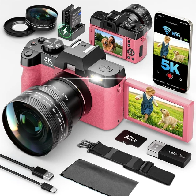 Main image of 5K 64MP Digital Cameras for Photography with Dual-Lens WiFiPink Vlogging 16X Zoom All-in-One Camera Kit for Beginners with 180° Flip Screen, 16X Zoom, 32GB Card, 2 BatteriesPINK