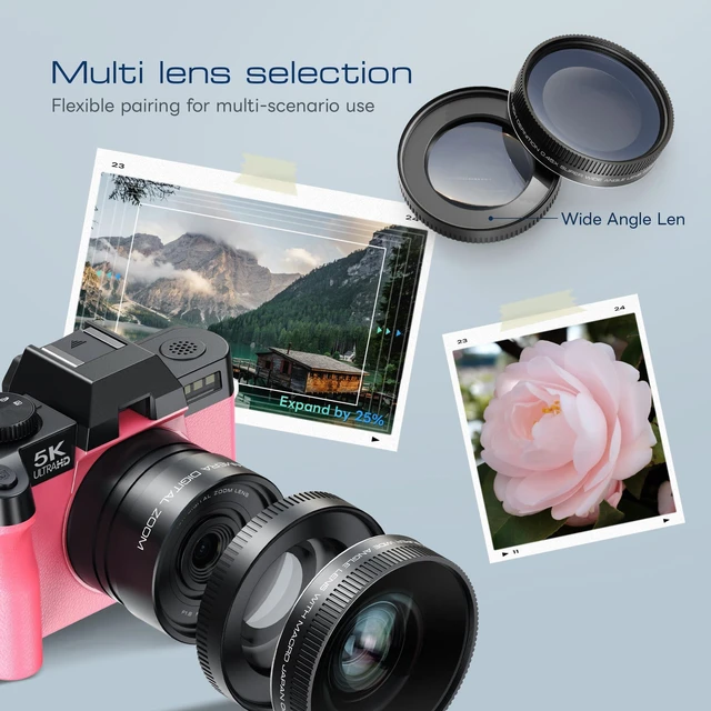 Alt view image 5 of 7 - 5K 64MP Digital Cameras for Photography with Dual-Lens WiFiPink Vlogging 16X Zoom All-in-One Camera Kit for Beginners with 180° Flip Screen, 16X Zoom, 32GB Card, 2 BatteriesPINK
