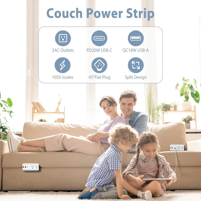 Alt view image 2 of 7 - Couch Charging Station, Sofa Outlet with 2 AC Outlets 3USB Ports PD20W USB C & 1050J Surge Protection, 10ft Flat Power Cord for Furniture Couch. ETL Listed