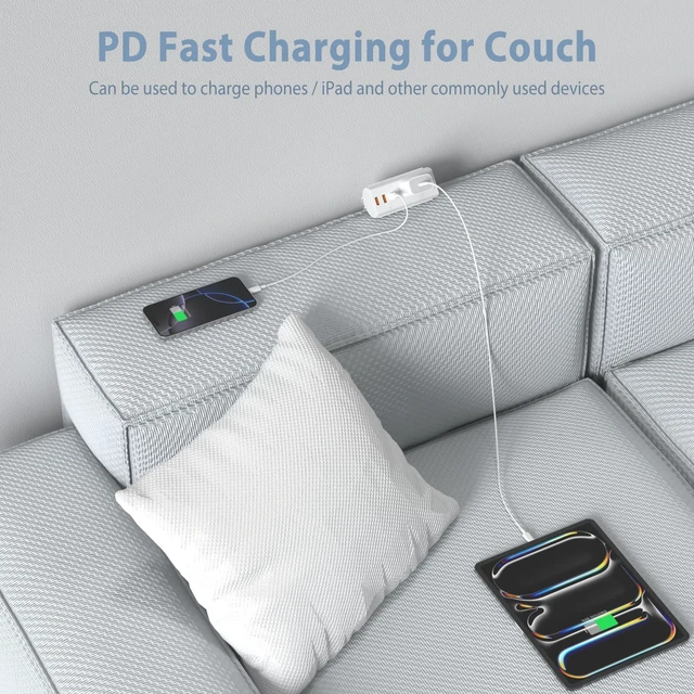 Alt view image 3 of 7 - Couch Charging Station, Sofa Outlet with 2 AC Outlets 3USB Ports PD20W USB C & 1050J Surge Protection, 10ft Flat Power Cord for Furniture Couch. ETL Listed