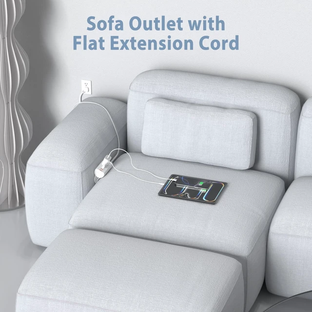 Alt view image 4 of 7 - Couch Charging Station, Sofa Outlet with 2 AC Outlets 3USB Ports PD20W USB C & 1050J Surge Protection, 10ft Flat Power Cord for Furniture Couch. ETL Listed
