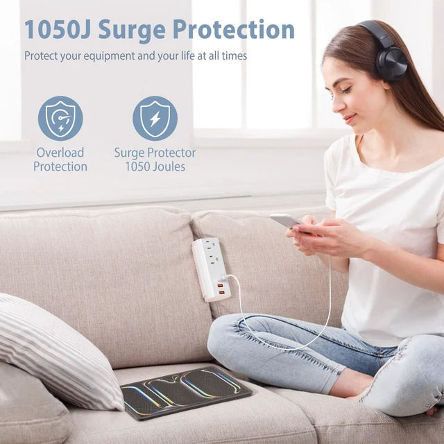 Alt view image 5 of 7 - Couch Charging Station, Sofa Outlet with 2 AC Outlets 3USB Ports PD20W USB C & 1050J Surge Protection, 10ft Flat Power Cord for Furniture Couch. ETL Listed