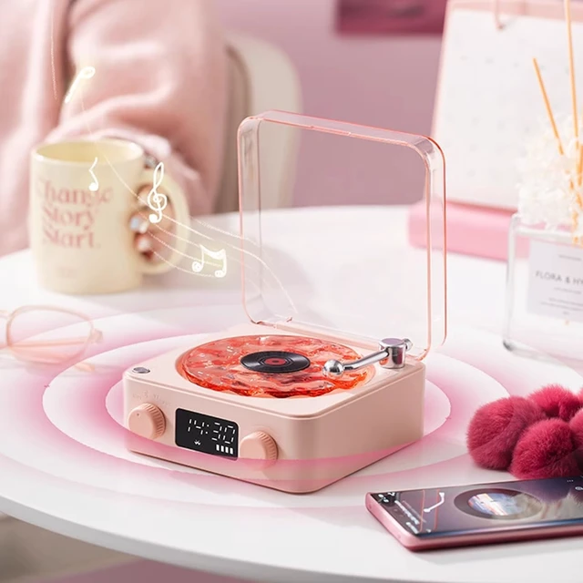 Alt view image 3 of 4 - The Waves Vinyl Player, Waves Bluetooth Speaker, 2025 New Portable Vintage Vinyl Speaker with Adjustable Light and Time for Bedroom, Party (Pink)