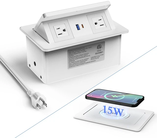Main image of Pop Up Outlet for Countertop with 15W Wireless Charging & 20W USB-C 2 AC Outlets, 18W USB-A, 45° Angled Access, 7.6 x 4.3 in Cutout, 6 ft cord, White ABS Housing, Indoor use