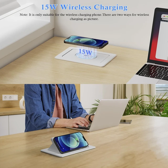 Alt view image 2 of 7 - Pop Up Outlet for Countertop with 15W Wireless Charging & 20W USB-C 2 AC Outlets, 18W USB-A, 45° Angled Access, 7.6 x 4.3 in Cutout, 6 ft cord, White ABS Housing, Indoor use