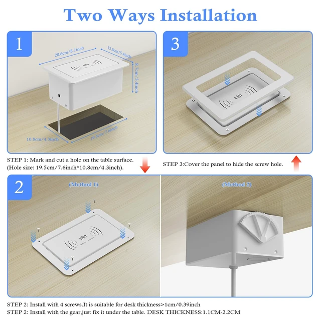 Alt view image 4 of 7 - Pop Up Outlet for Countertop with 15W Wireless Charging & 20W USB-C 2 AC Outlets, 18W USB-A, 45° Angled Access, 7.6 x 4.3 in Cutout, 6 ft cord, White ABS Housing, Indoor use