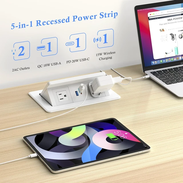 Alt view image 5 of 7 - Pop Up Outlet for Countertop with 15W Wireless Charging & 20W USB-C 2 AC Outlets, 18W USB-A, 45° Angled Access, 7.6 x 4.3 in Cutout, 6 ft cord, White ABS Housing, Indoor use