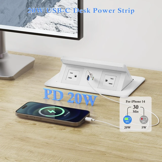 Alt view image 3 of 7 - Pop Up Outlet for Countertop with 15W Wireless Charging & 20W USB-C 2 AC Outlets, 18W USB-A, 45° Angled Access, 7.6 x 4.3 in Cutout, 6 ft cord, White ABS Housing, Indoor use