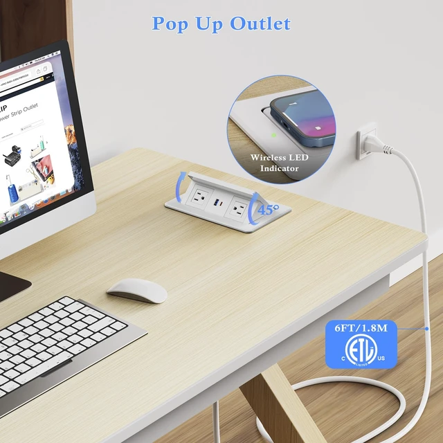 Alt view image 6 of 7 - Pop Up Outlet for Countertop with 15W Wireless Charging & 20W USB-C 2 AC Outlets, 18W USB-A, 45° Angled Access, 7.6 x 4.3 in Cutout, 6 ft cord, White ABS Housing, Indoor use