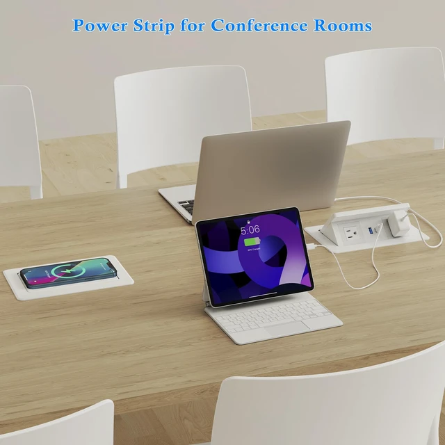 Alt view image 7 of 7 - Pop Up Outlet for Countertop with 15W Wireless Charging & 20W USB-C 2 AC Outlets, 18W USB-A, 45° Angled Access, 7.6 x 4.3 in Cutout, 6 ft cord, White ABS Housing, Indoor use